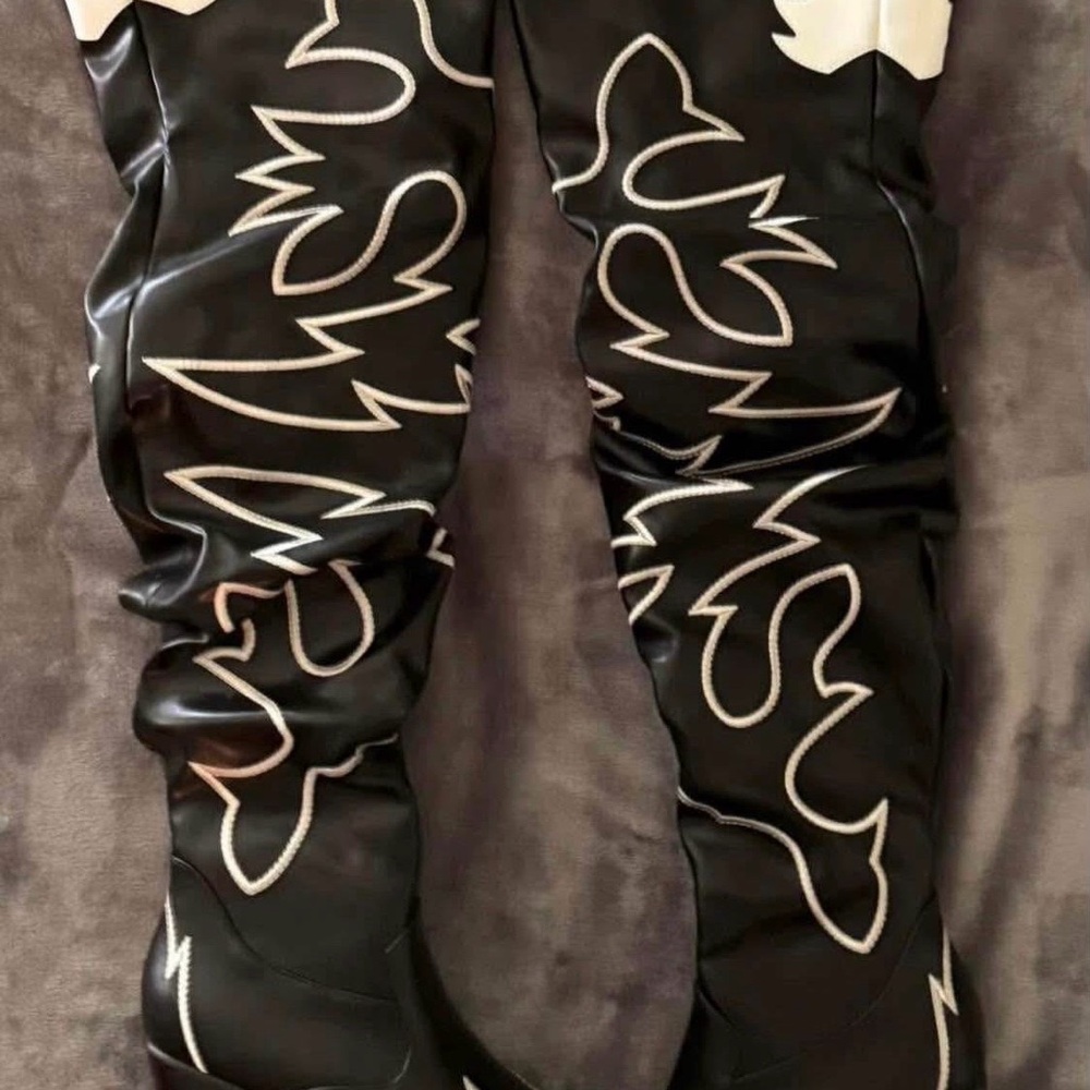 Black and White Graphic Over-the-Knee Boots